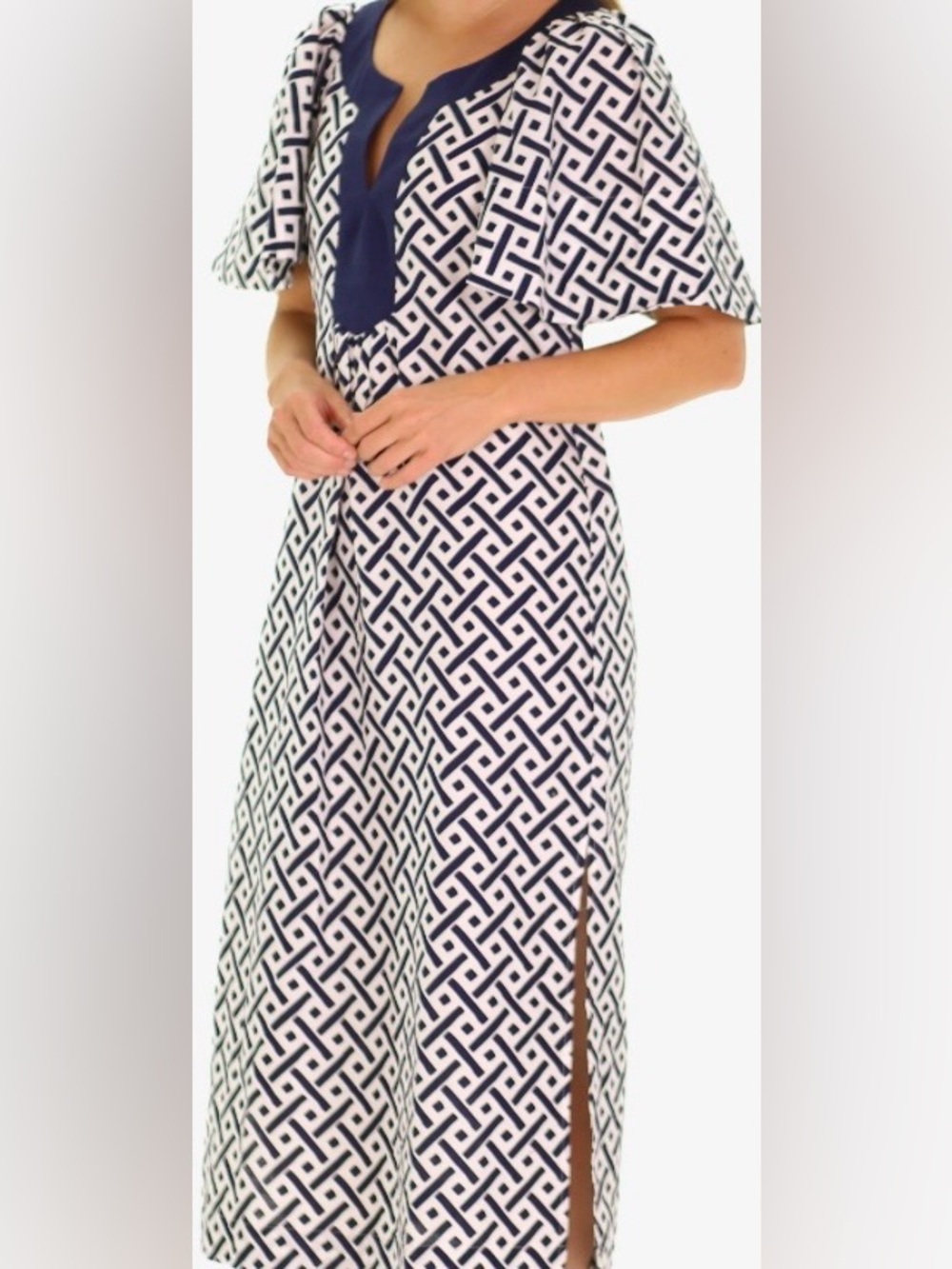 Duffield Lane Midi Dress Navy White Flutter Sleeve Notched Neck Side Slits L